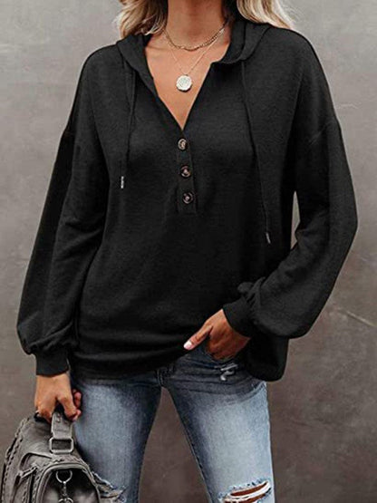 V-neck long-sleeved casual sweatshirt buttoned drawstring sports hoodie