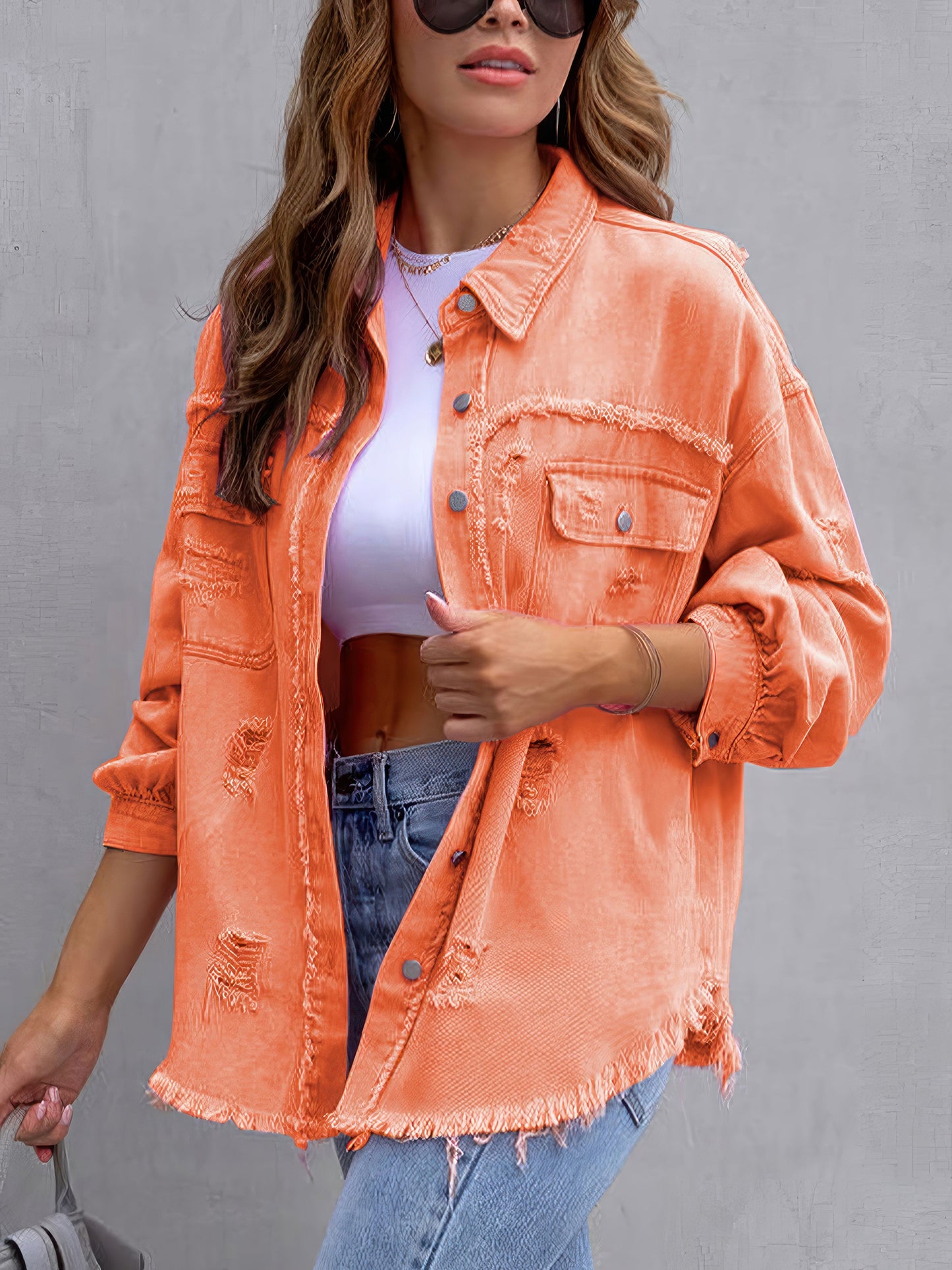 Coats - Ripped Denim Long Sleeve Casual Lapel Coat - MsDressly