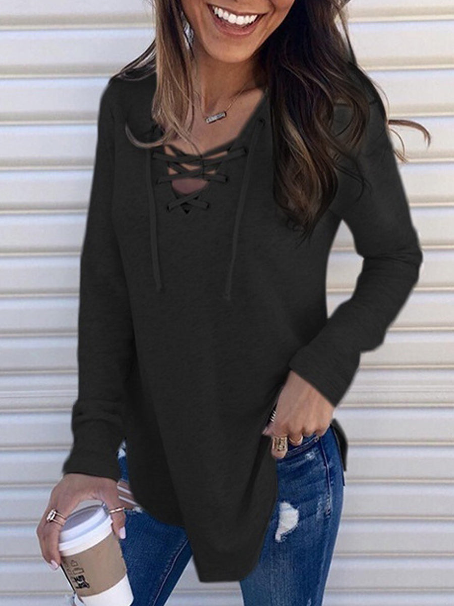 T-Shirts - Stylish Comfortable Solid Color Tie Loose Casual  V-Neck T-Shirt - MsDressly