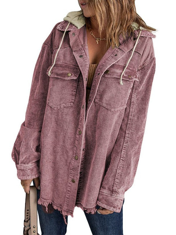 Contrast Stitched Corduroy Hooded Jacket for Women