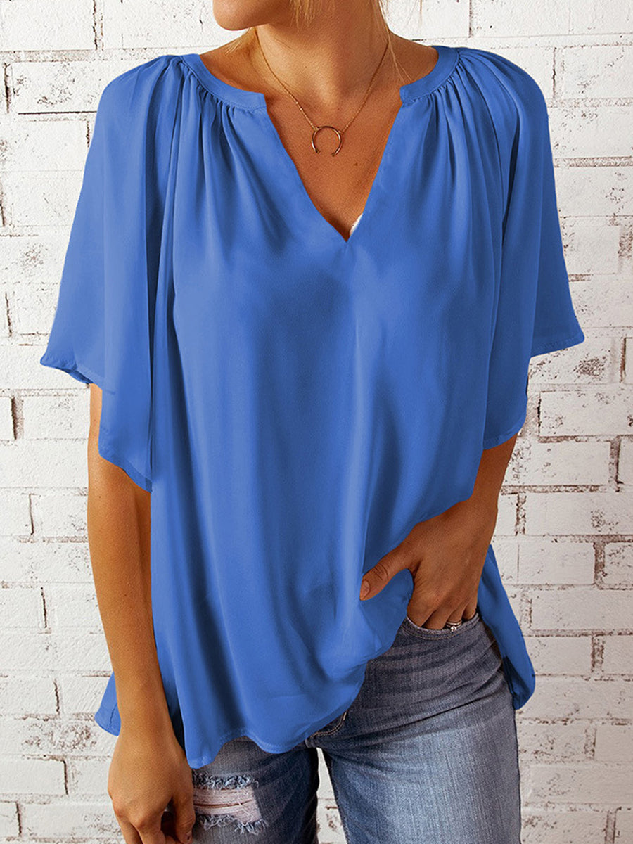 Blouses - Casual V Neck Loose Chiffon Pleated Flowy Tunic Blouse - MsDressly