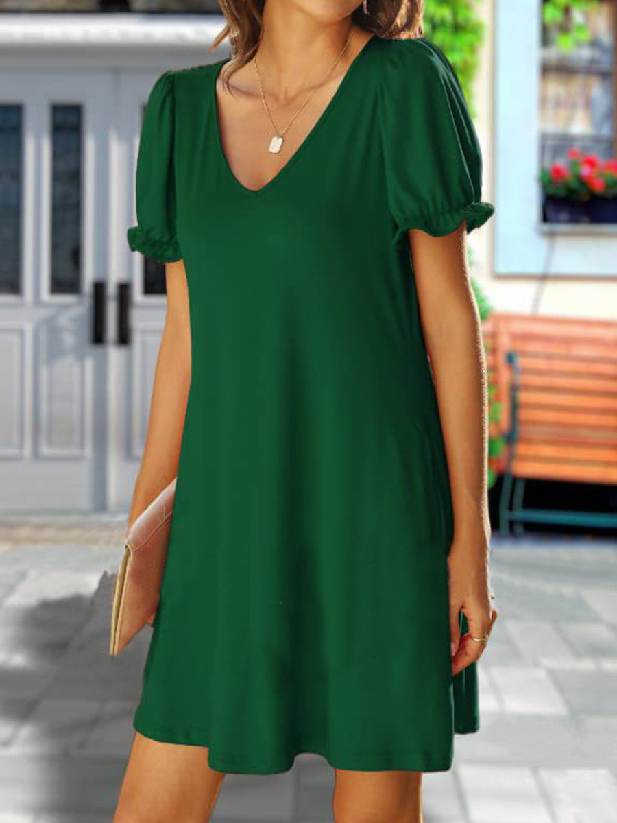 Mini Dresses - Round Neck Flounce Sleeve Pockets Mini Dress - MsDressly