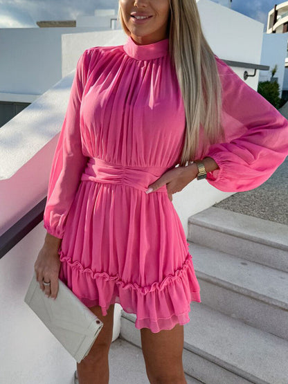Solid Color Chiffon Waist Shirred Mini Dress