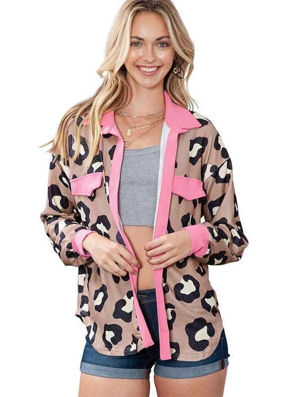 Leopard Print Cardigan Jacket with Lapel Collar and Rose Red Splicing in Polyester Blend
