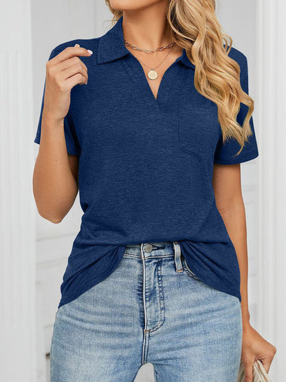 T-Shirts - Collared Loose Casual V Neck Short Sleeve T-Shirt - MsDressly