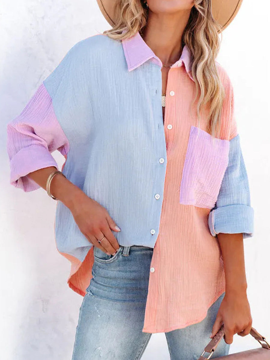 Blouses - V Neck Button Long/Roll Up Sleeve Casual Collared Work Blouse - MsDressly