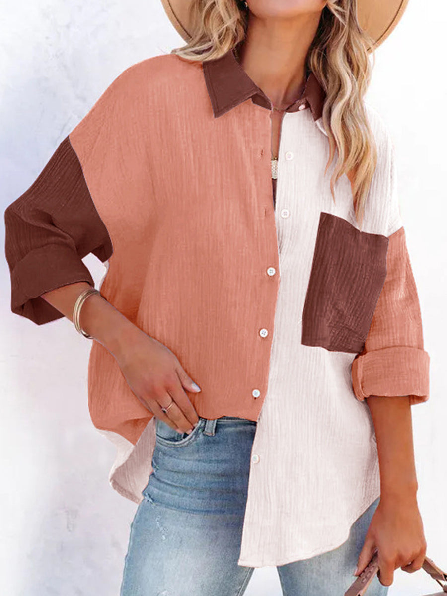 Blouses - V Neck Button Long/Roll Up Sleeve Casual Collared Work Blouse - MsDressly