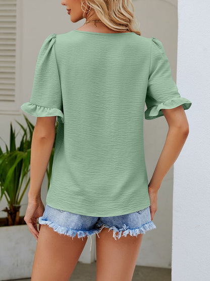 T-Shirts - Square Neck Babydoll Ruffled Sleeve T Shirt - MsDressly