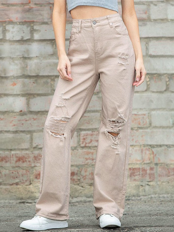 Vintage Wide Leg Cotton Jeans with Distressed Ripped Details for Women