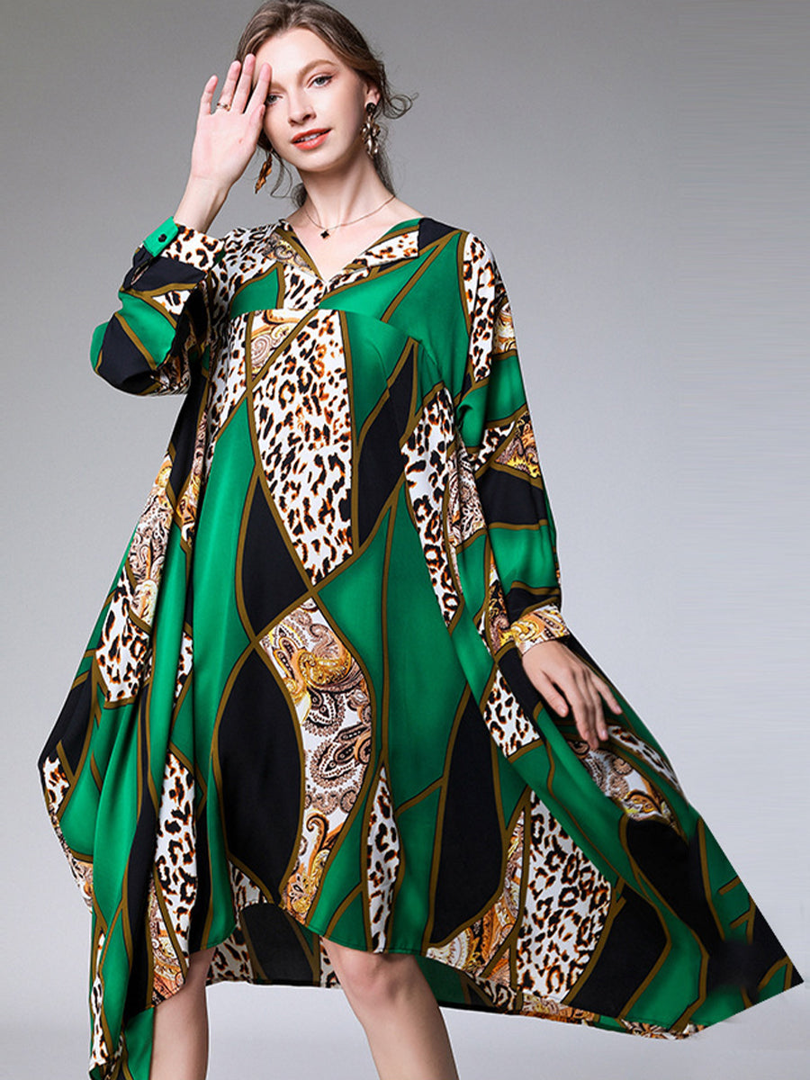 Midi Dresses - Loose Fashion Irregular Printed Long Sleeve Midi Dress - MsDressly