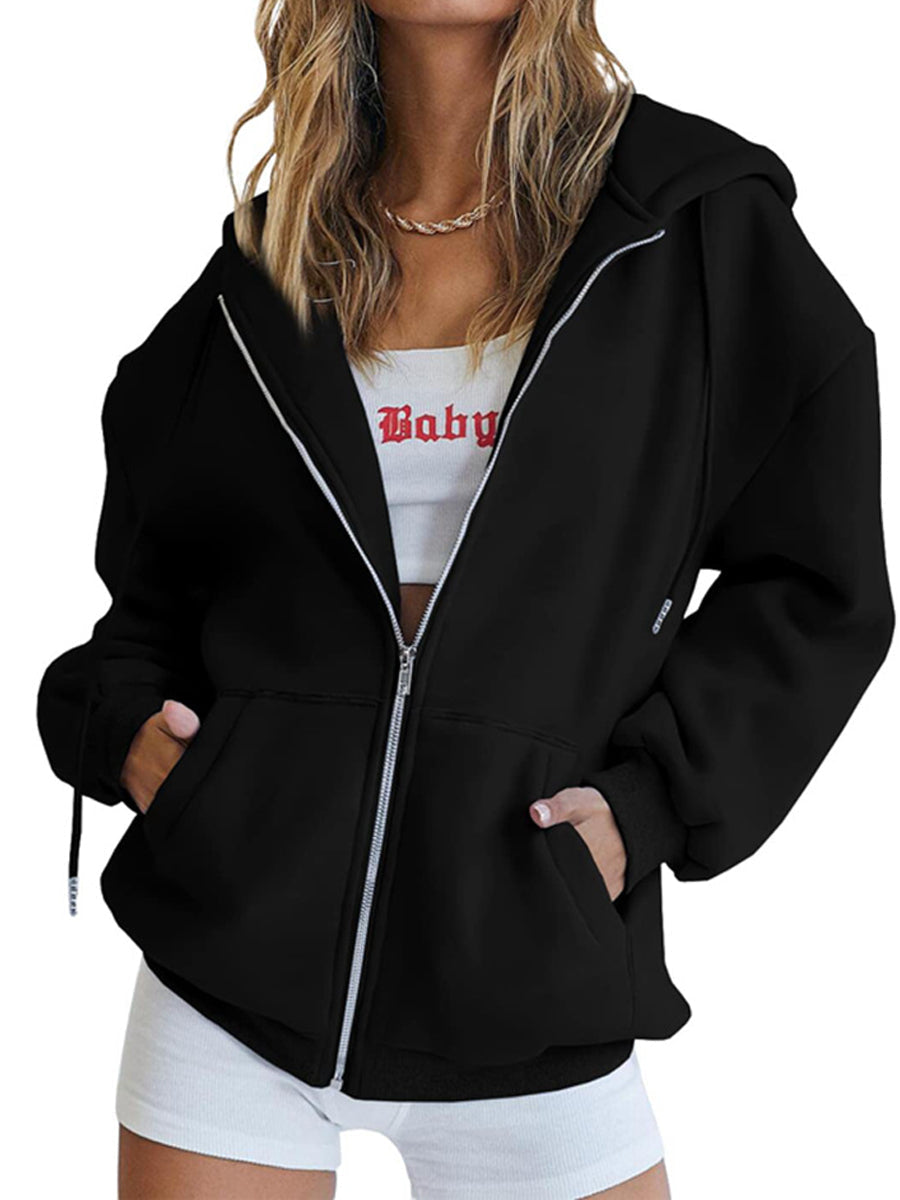 Zip Up Oversized Cute Casual Drawstring With Pockets Hoodie