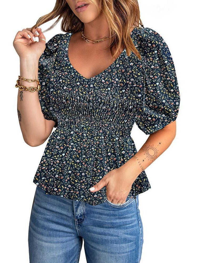 Floral Pleated V-Neck Chiffon Blouse with Puff Sleeves for Women