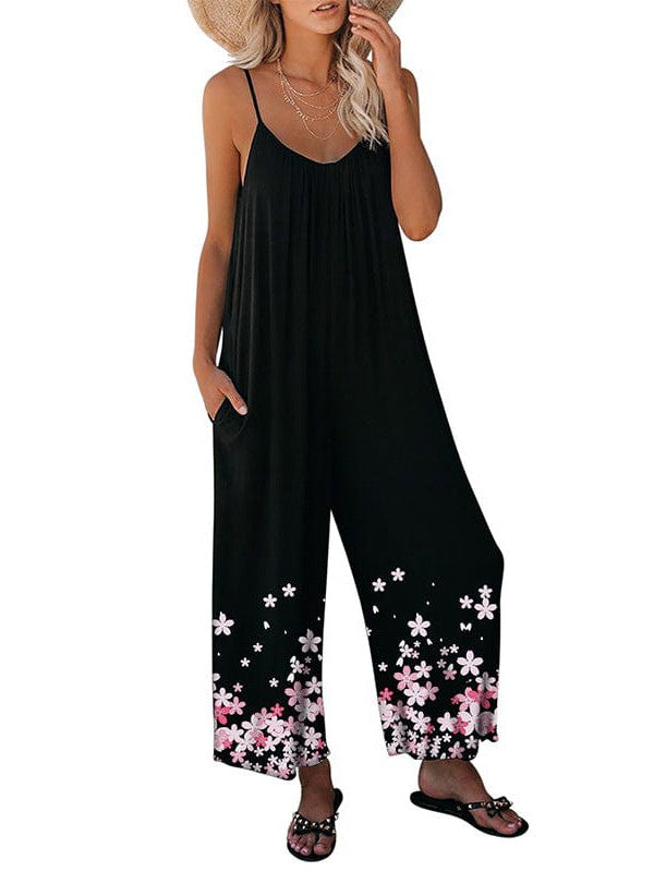 Floral Printed Suspender Jumpsuit with Wide-Leg Daisy Pants for Women