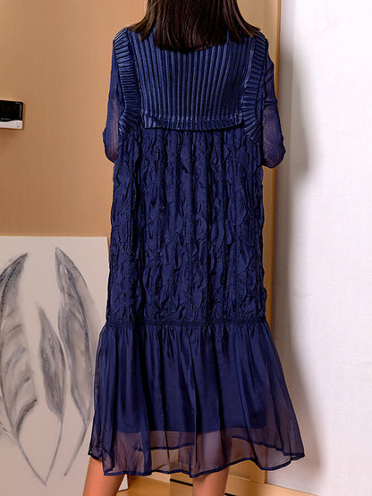 Midi Dresses - Plus Size Pleated Slim Round Neck Midi Dress - MsDressly