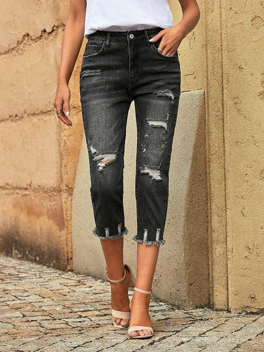 Slim Fit High Waist Women's Cropped Jeans with Ripped Hollow Details