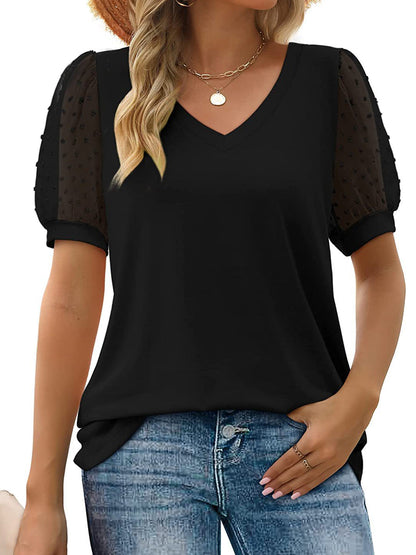 T-Shirts - Dot Loose Casual Puff Sleeve V Neck T Shirt - MsDressly