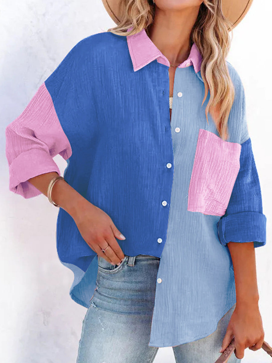 Blouses - V Neck Button Long/Roll Up Sleeve Casual Collared Work Blouse - MsDressly