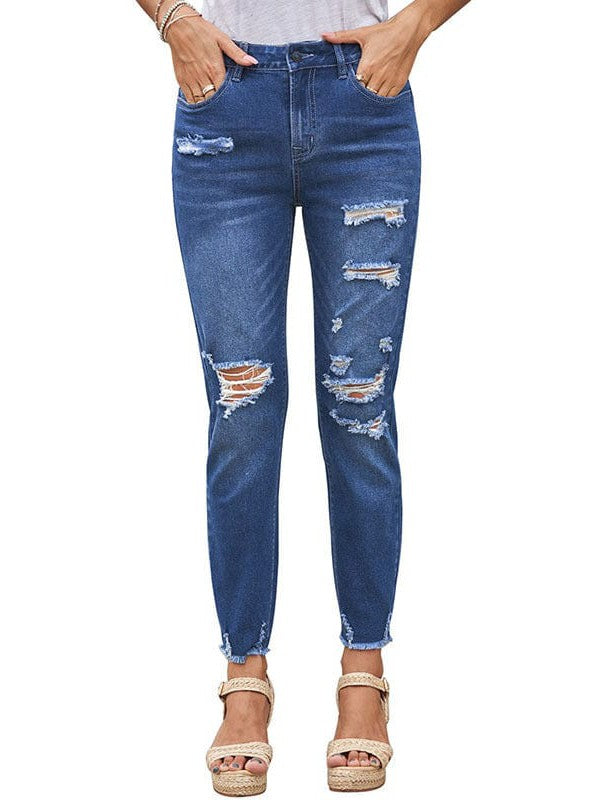 High Waist Blue Ripped Jeans with Nine-Point Length Street Style for Fashionable Women