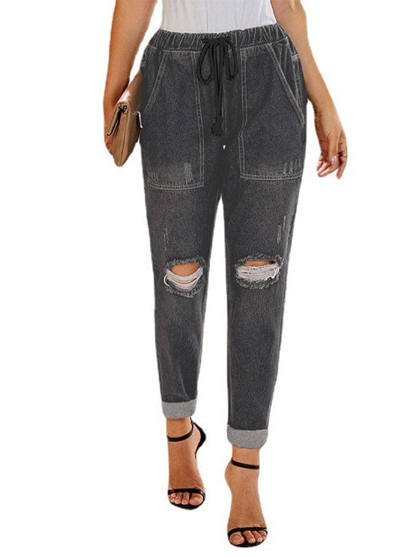 Loose Tie Waistband Women's Plus Size Ripped Jeans with Frayed Hem