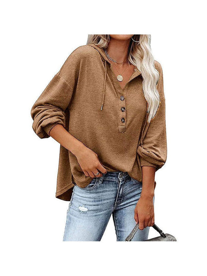 V-neck long-sleeved casual sweatshirt buttoned drawstring sports hoodie