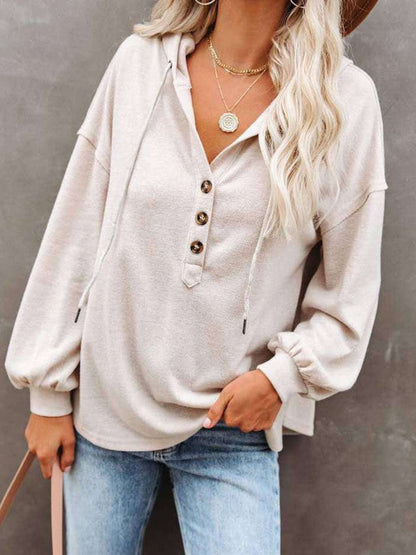 V-neck long-sleeved casual sweatshirt buttoned drawstring sports hoodie