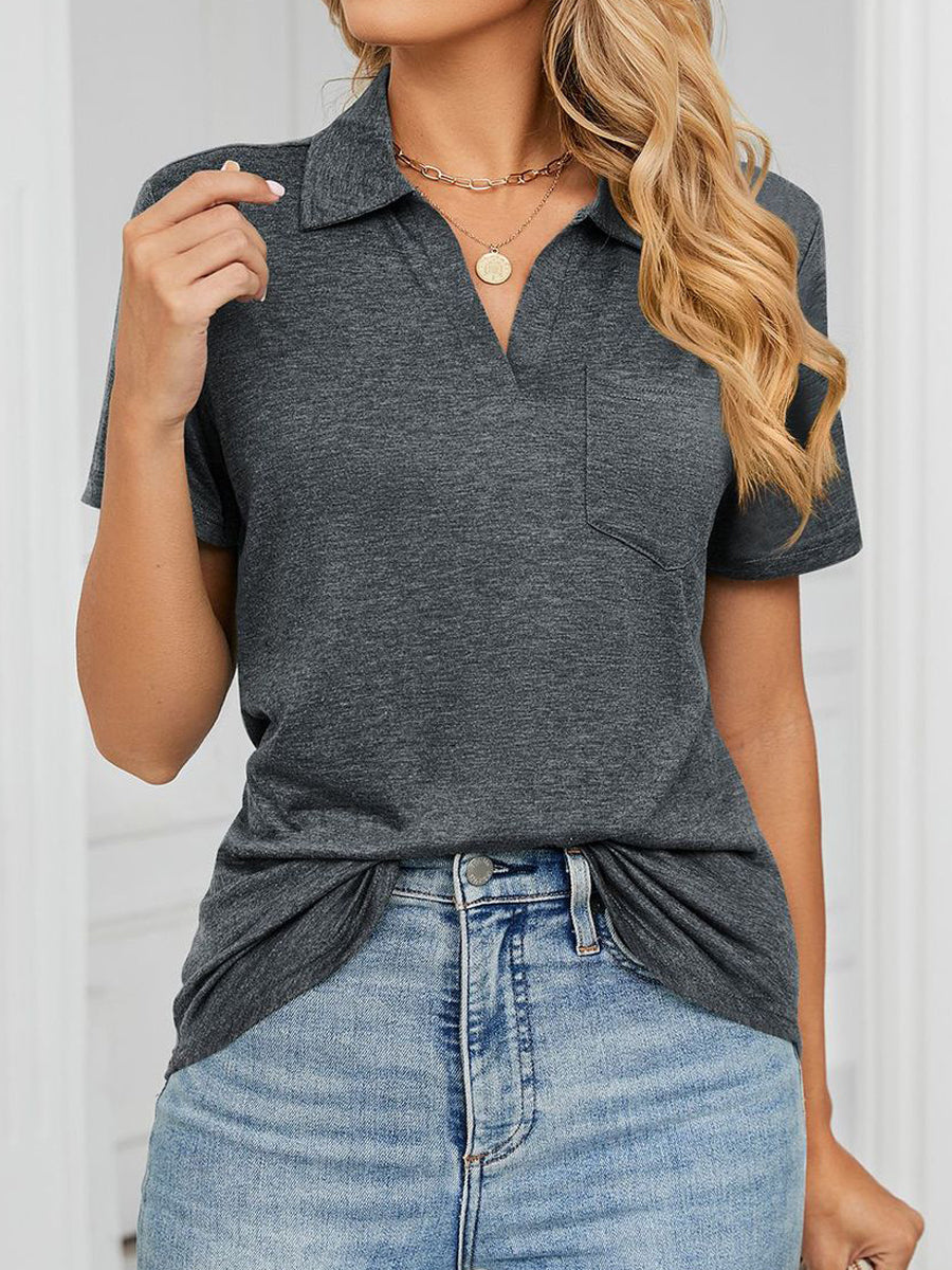 T-Shirts - Collared Loose Casual V Neck Short Sleeve T-Shirt - MsDressly