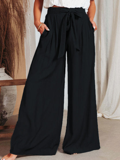 Pants - Casual High Waist Solid Color Wide Leg Pants - MsDressly