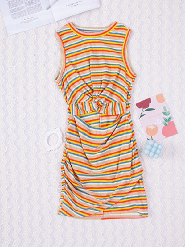 Striped Sleeveless A-Line Dress with Midriff-Revealing Waist-Hugging Fit