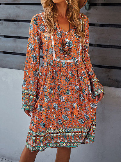 Midi Dresses - Bohemian Print V-Neck Knee Length Midi Dress - MsDressly