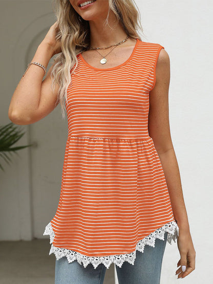 Striped Lace Stitching Fashion Sleeveless Blouse