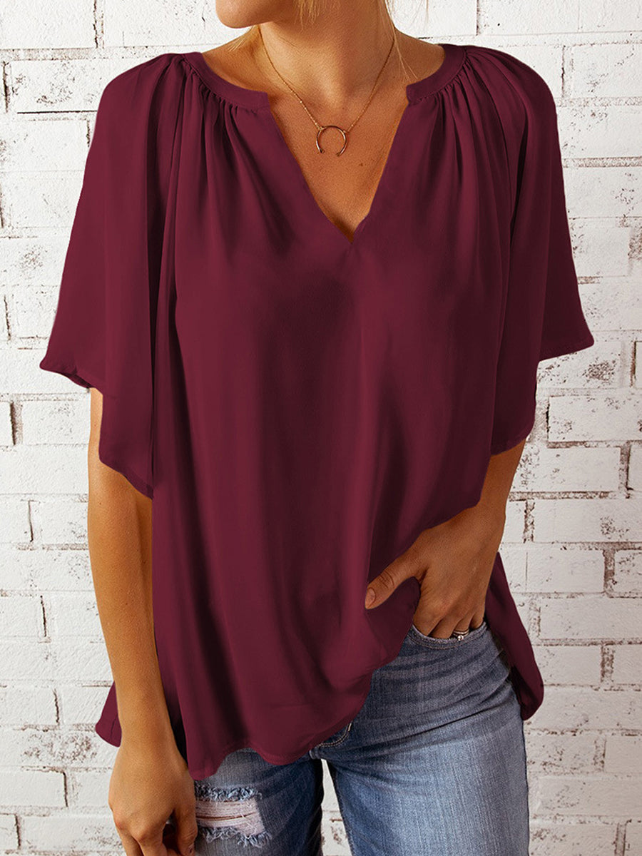 Blouses - Casual V Neck Loose Chiffon Pleated Flowy Tunic Blouse - MsDressly