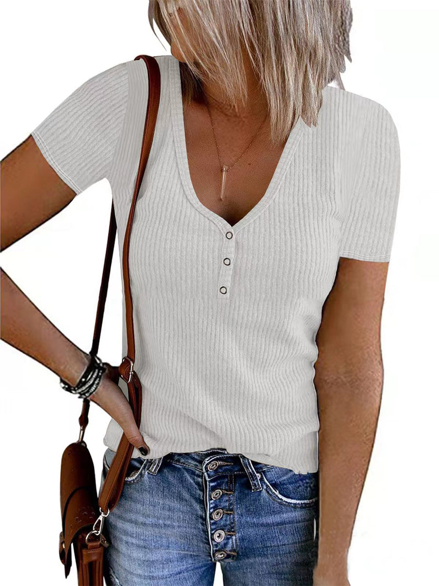 Ribbed Knit Button Solid Color T Shirt