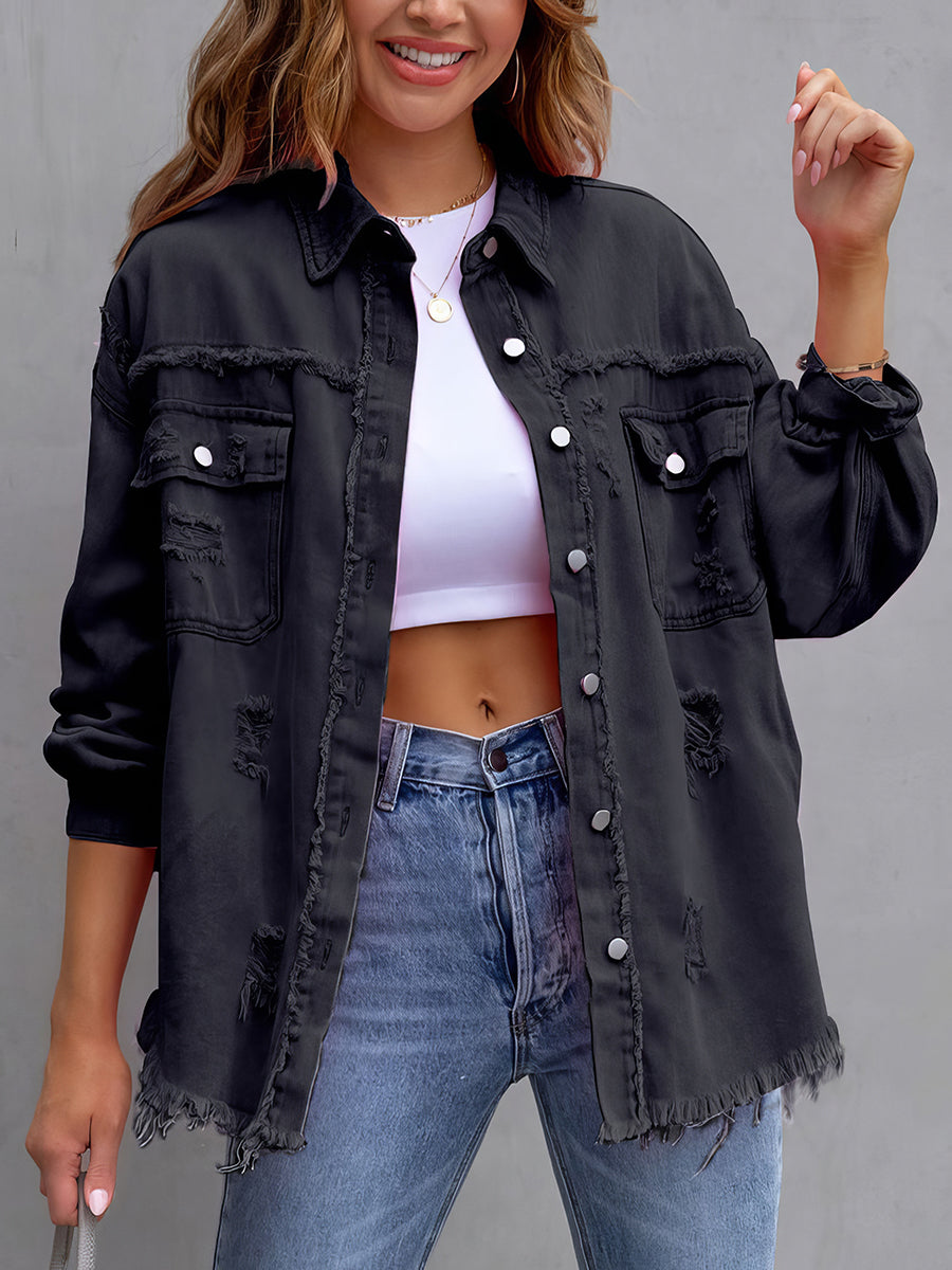 Coats - Ripped Denim Long Sleeve Casual Lapel Coat - MsDressly