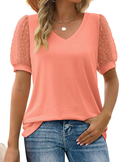 T-Shirts - Dot Loose Casual Puff Sleeve V Neck T Shirt - MsDressly