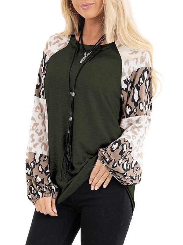 Lantern Sleeve Leopard Print Pullover Sweatshirt - Women's Round Neck Top