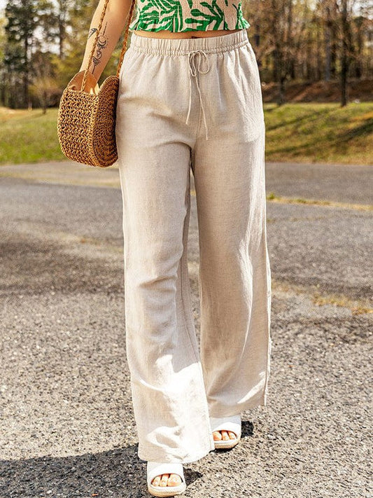 Women's Loose Linen Wide-leg Pants with Elastic Waistband and Tie Drawstring
