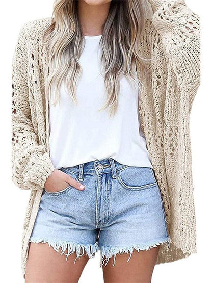 Ethnic Style Knitted Mesh Hollow Women's Cardigan Sweater with Acrylic-Cotton Blend