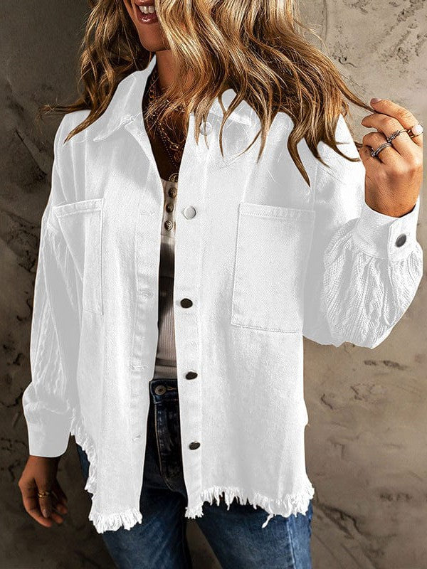 Versatile Denim Jacket with Heterogeneous Fabric and Contrast Color Detail