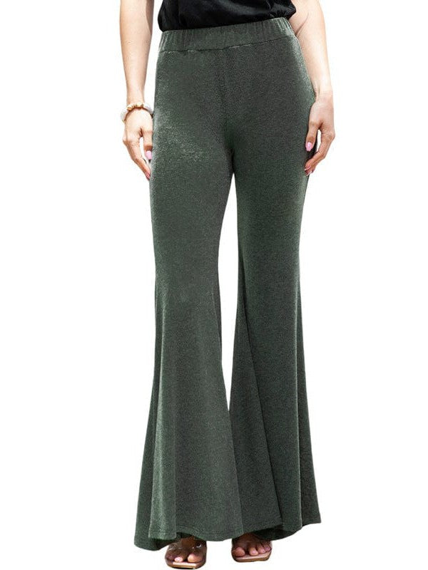 Flared Green High-Waist Ruffled Pants with Wide Legs for Women