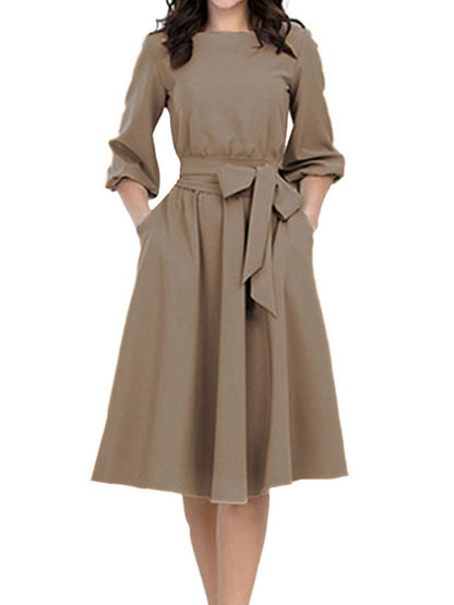 Midi Dresses - Elegant Work Sheath Long Sleeve Midi Dress - MsDressly