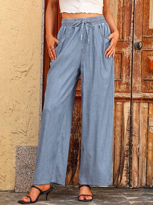 Wide Leg High Waist Women's Denim Jeans with Drawstring Elastic - Street Style Casual Trousers