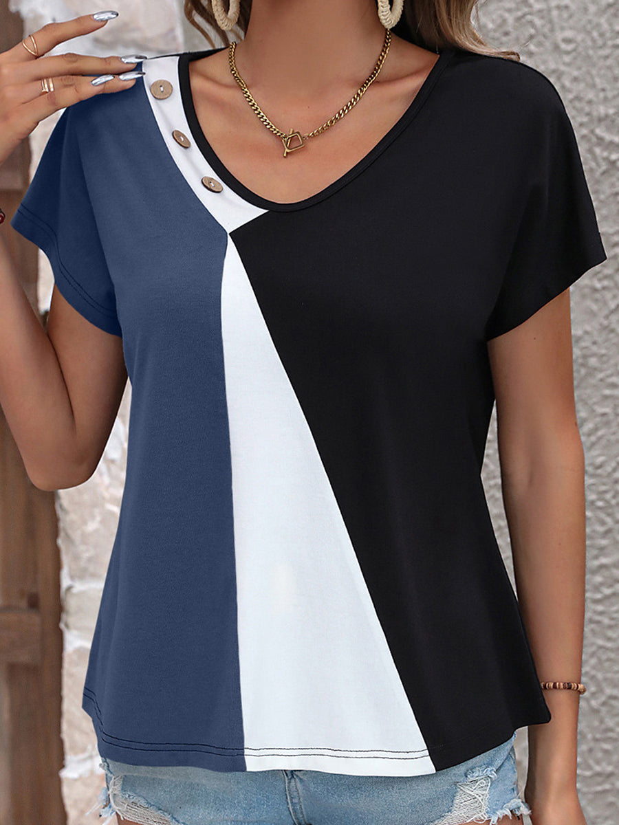 T-Shirts - Color Block Decorative Button V-Neck T-Shirt - MsDressly