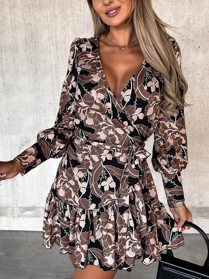 Mini Dresses - Printed Waist Strap V Neck Long Sleeved Mini Dress - MsDressly