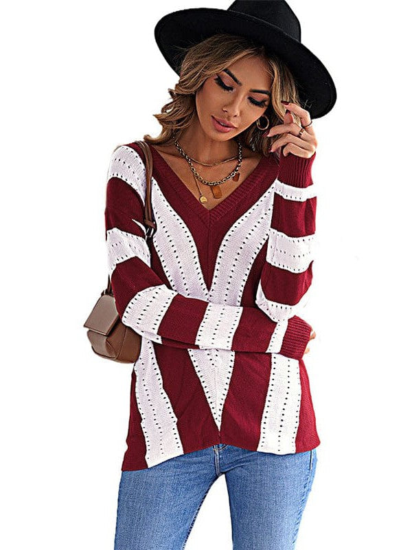 Simple Striped Knit Outerwear for Women with Long Sleeves and Contrast Bottom Detail