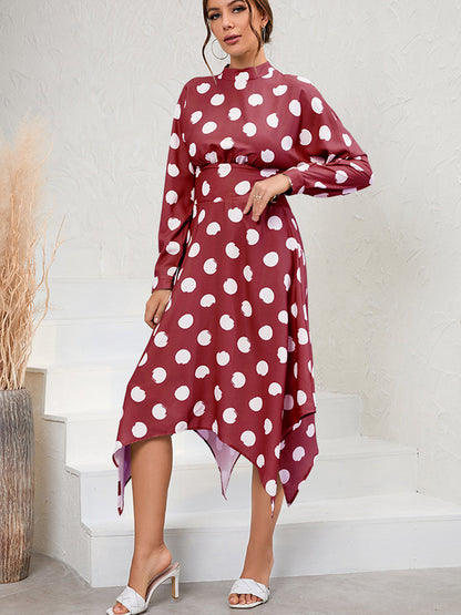 Midi Dresses - Unique And Chic Style Irregular Polka Dot Long Sleeve Midi Dress - MsDressly