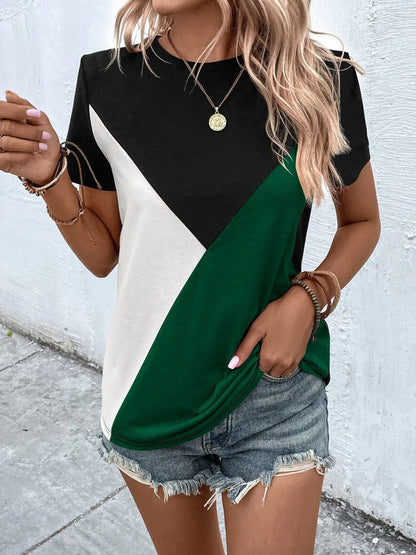 Contrast Color Stitching Loose Casual Round Neck T-Shirt