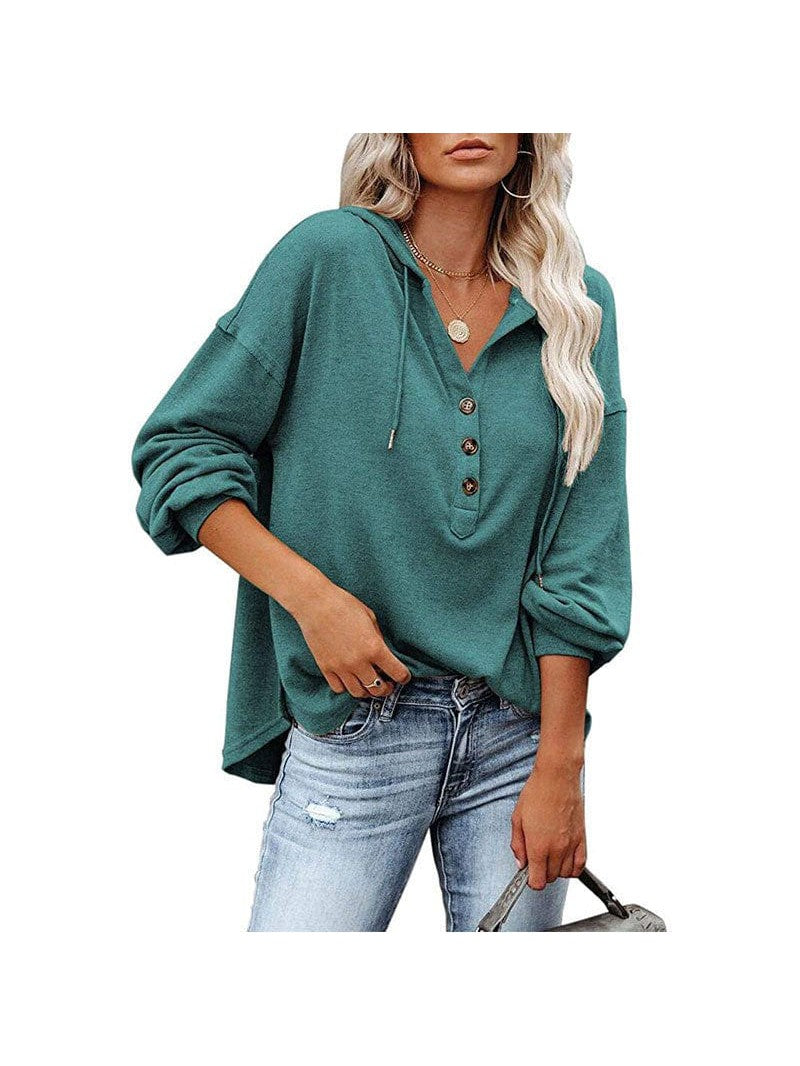 V-neck long-sleeved casual sweatshirt buttoned drawstring sports hoodie