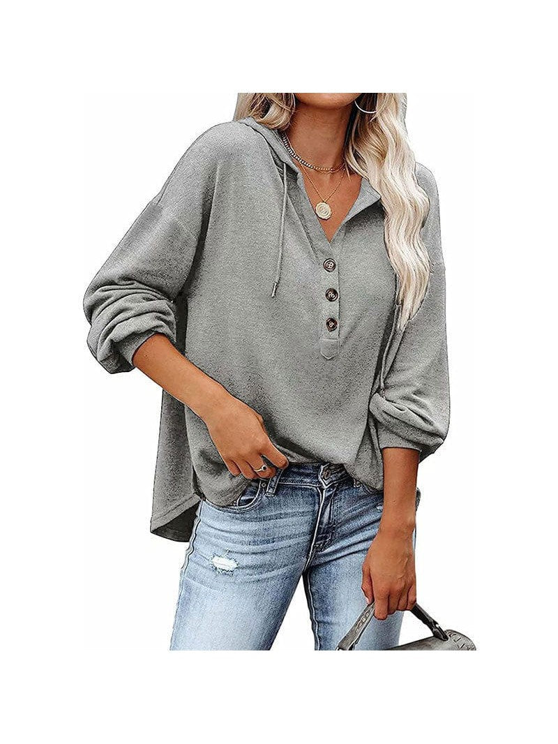 V-neck long-sleeved casual sweatshirt buttoned drawstring sports hoodie