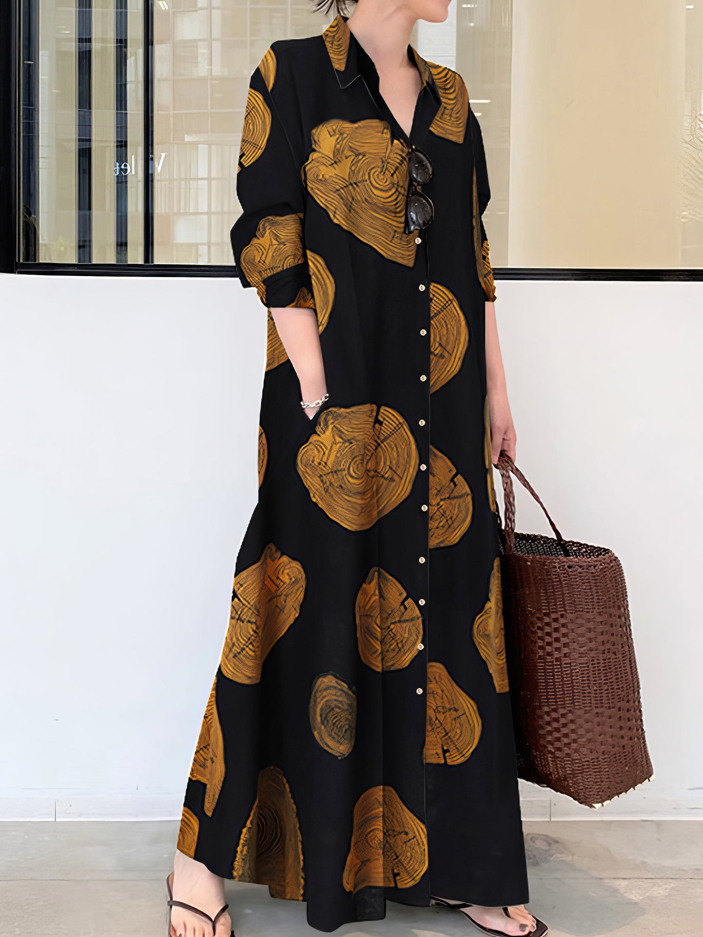 Maxi Dresses - Cotton Printed Long Sleeve Loose Casual Maxi Dress - MsDressly