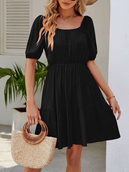 Square Neck Casual Loose Puff Sleeves Mini Dress